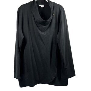 J Jill PureJill Women's Crossover Top XL Cowlneck Solid Black Button Long Sleeve
